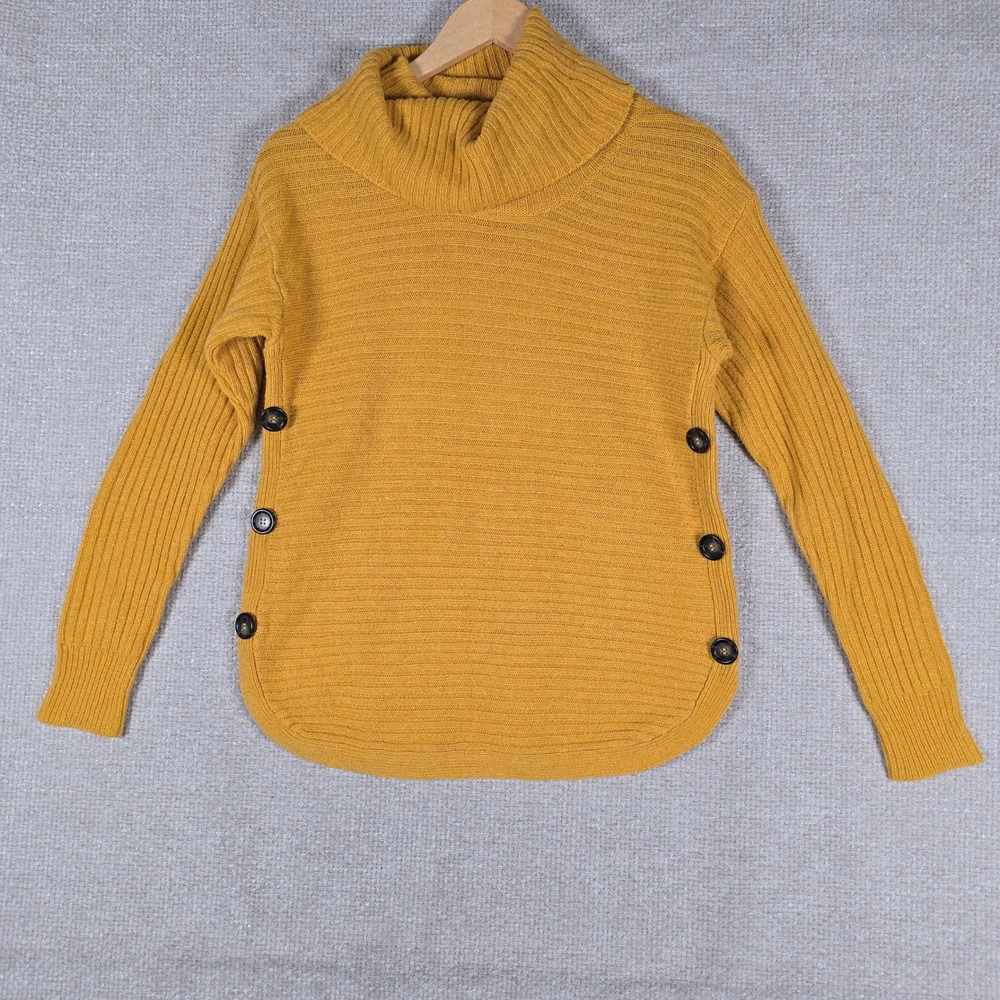 Jason Maxwell Womens Mustard Yellow Cowl Neck Ribbed Sweater‎ Side Buttons Small